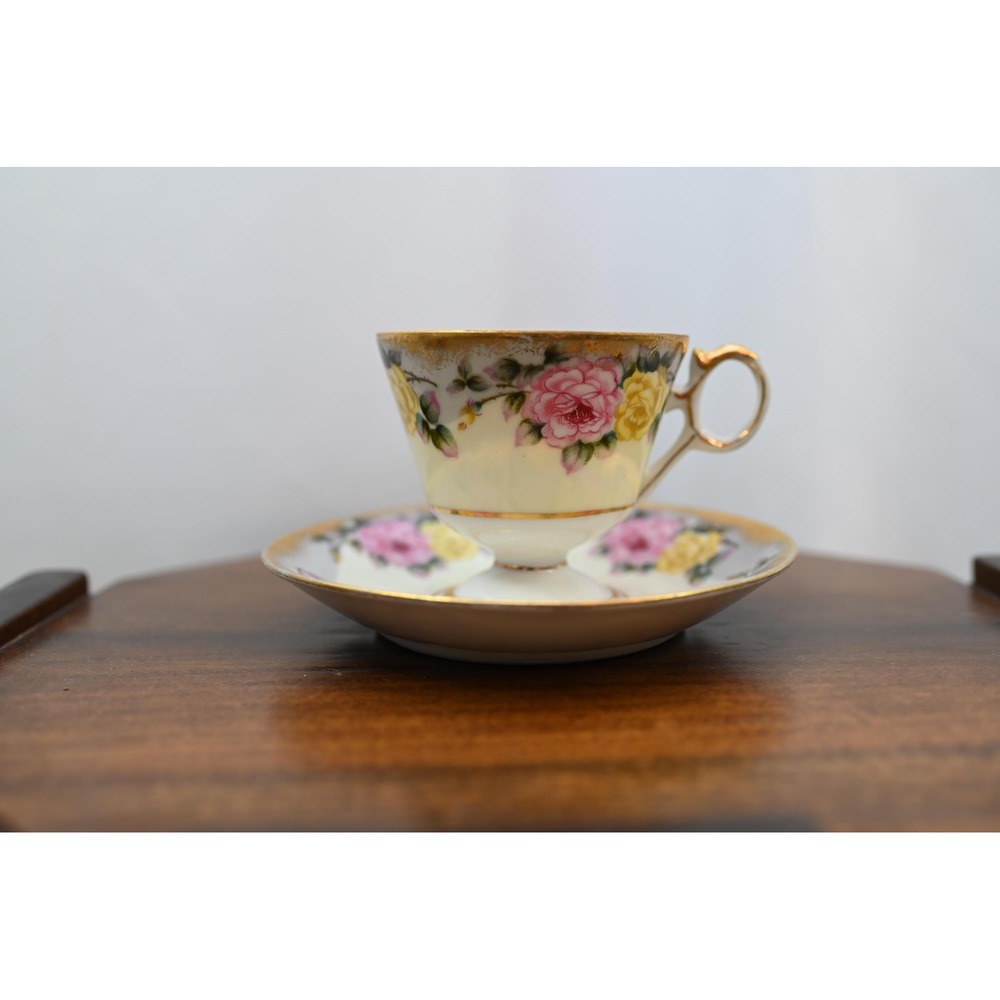 Vintage Royal Sealy China Japan Pink Yellow Floral Tea Cup and Saucer Gold Trim